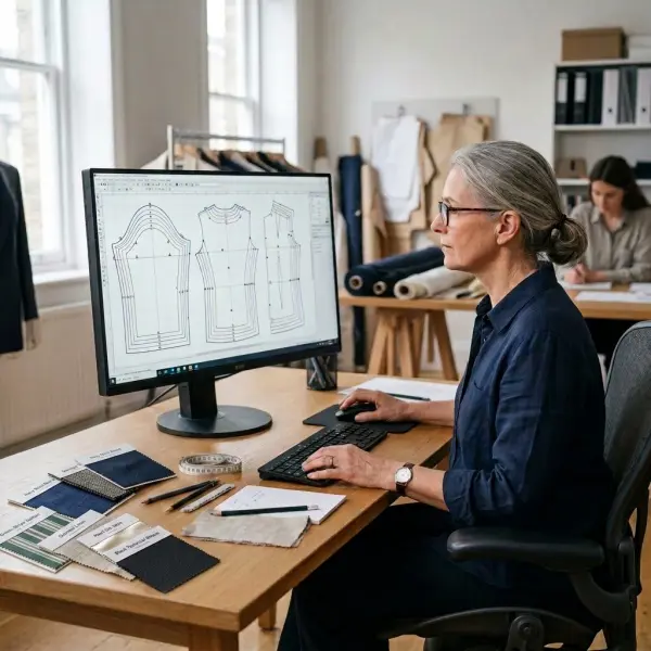 Apparel patternmaker using digital pattern software to check garment pattern accuracy Apparel patternmaker using digital pattern software to check garment pattern accuracy