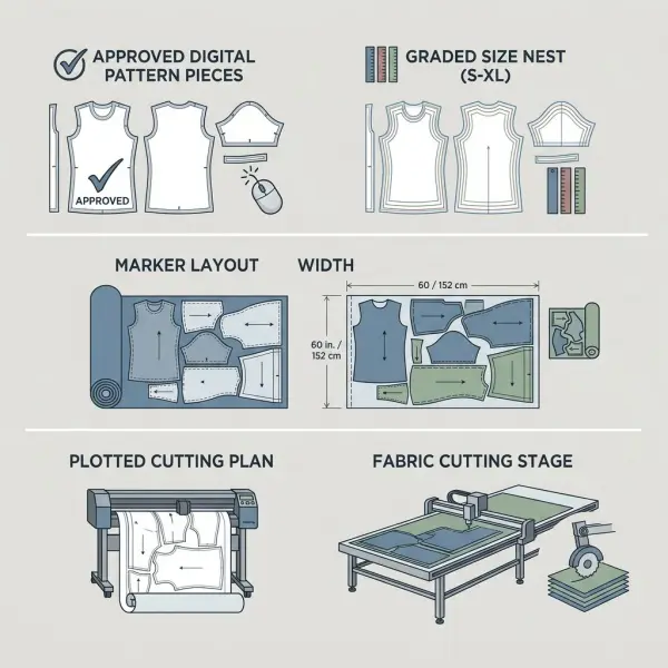 Digital apparel patterns progressing from grading to marker planning and fabric cutting Digital apparel patterns progressing from grading to marker planning and fabric cutting