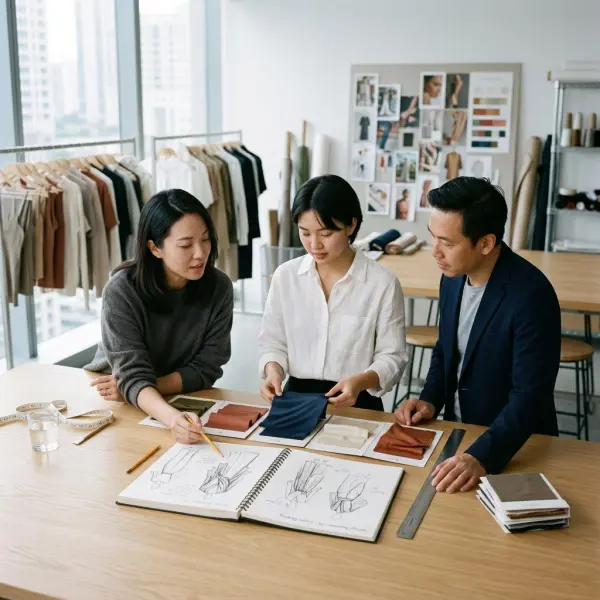 Tim fashion sedang memilih bahan cupro untuk pengembangan koleksi premium