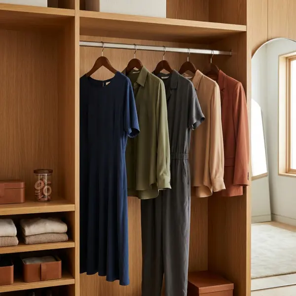 Blouse dan dress berbahan cupro tersimpan rapi di dalam lemari pakaian