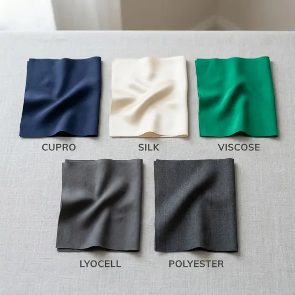 Perbandingan visual kain cupro, sutra, viscose, lyocell, dan polyester