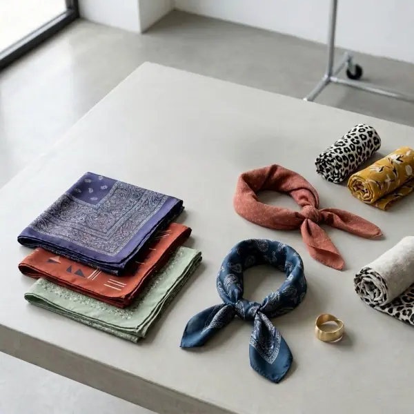 Koleksi slayer kain dengan berbagai warna dan motif tersusun rapi di atas meja studio fashion