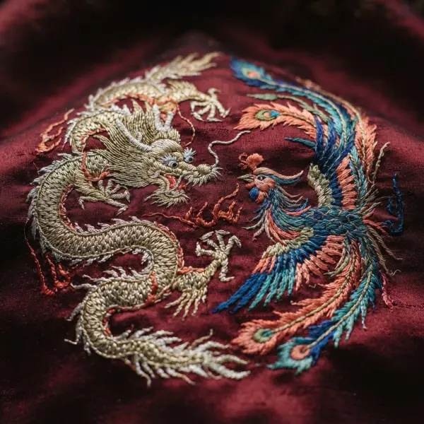 Detail bordir naga dan burung phoenix pada kain tradisional Cina