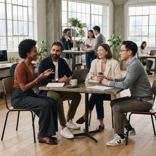 Modern professionals wearing flexible, comfortable, and personal office outfits