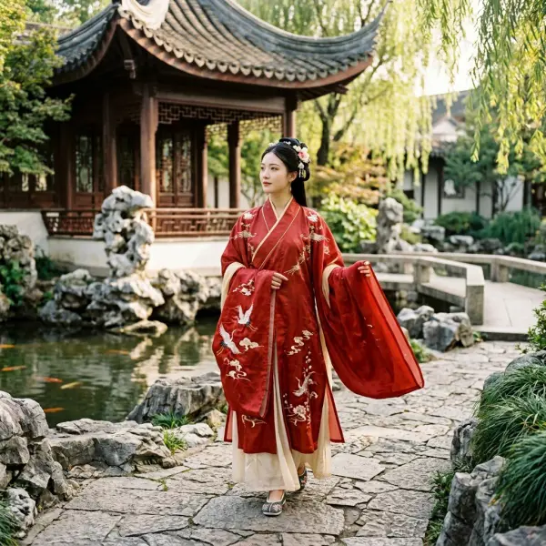 Hanfu klasik dengan siluet longgar dan kerah silang khas budaya Han