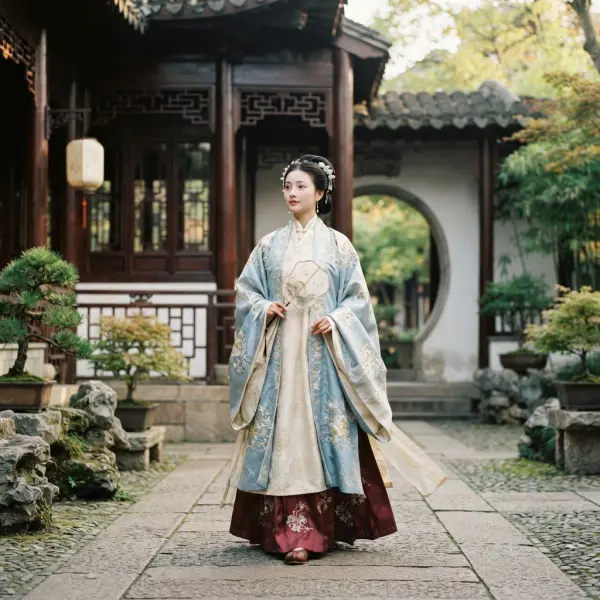 Hanfu tradisional Cina dengan siluet klasik berlatar arsitektur tradisional Tiongkok