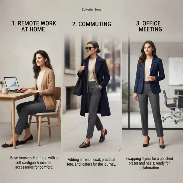 Office outfit transitioning between remote work, commuting, and an in-person meeting