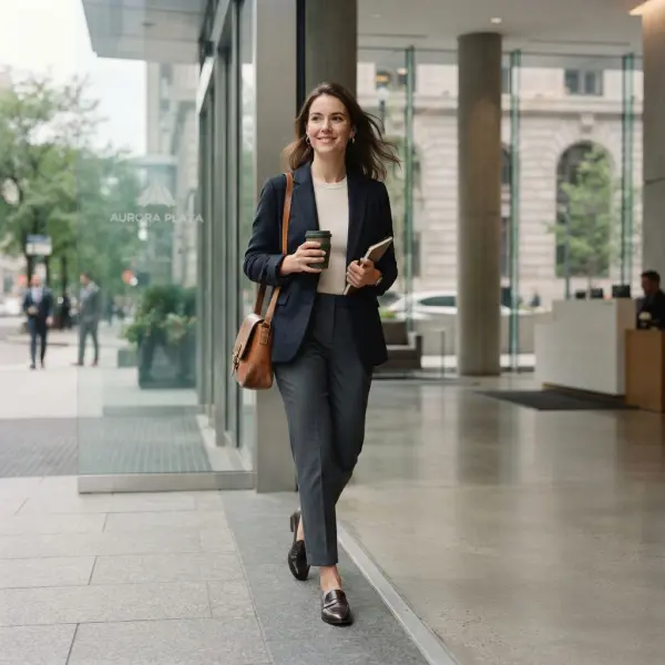 Professional wearing versatile workwear while commuting and attending an office meeting