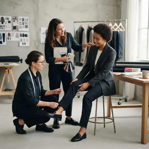 Fashion team testing fit and coordinating a comfortable modular officewear collection