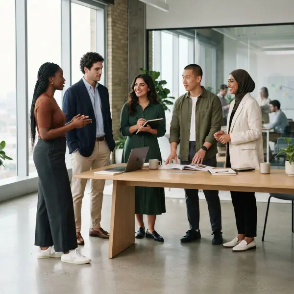 Professionals wearing modern workwear in a contemporary office environment