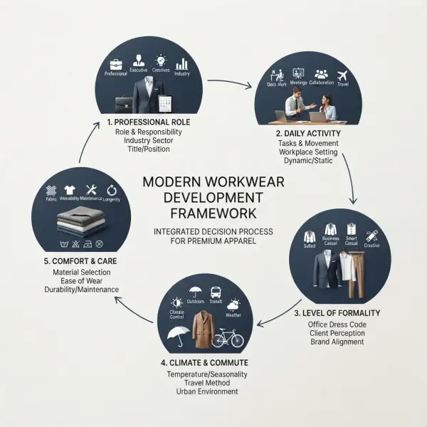 Framework for developing modern workwear based on role, activity, climate, comfort, and formality