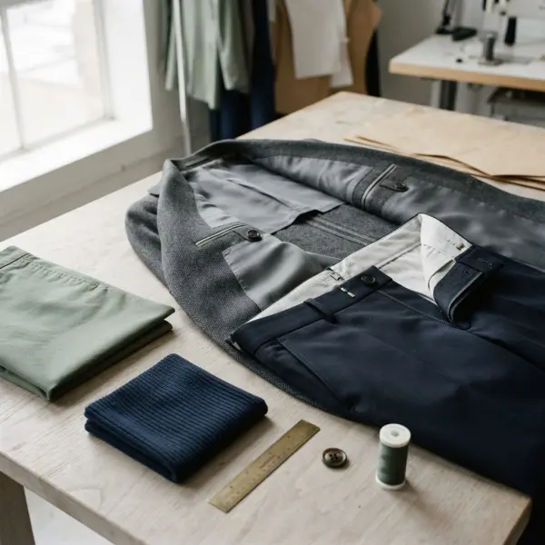 Close-up of modern workwear fabrics, tailoring details, and comfortable garment construction