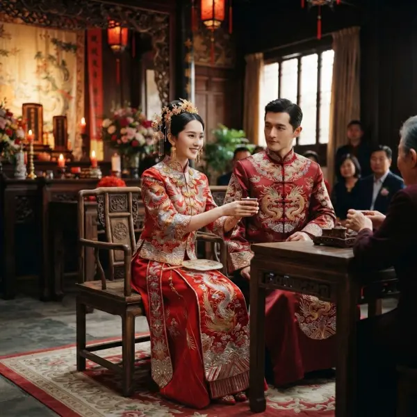 Pasangan mengenakan pakaian tradisional Cina pada upacara pernikahan