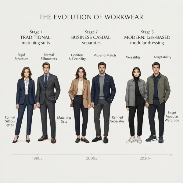 Visual timeline showing the evolution from formal officewear to flexible modern workwear