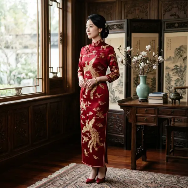 Qipao modern berbahan sutra dengan kerah Mandarin khas Cina