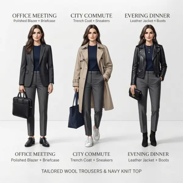 Smart casual outfit styled for work, commuting, and an evening social setting