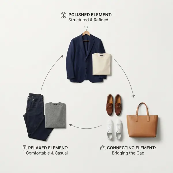 Diagram explaining the balance between polished, relaxed, and connecting elements in smart casual dressing