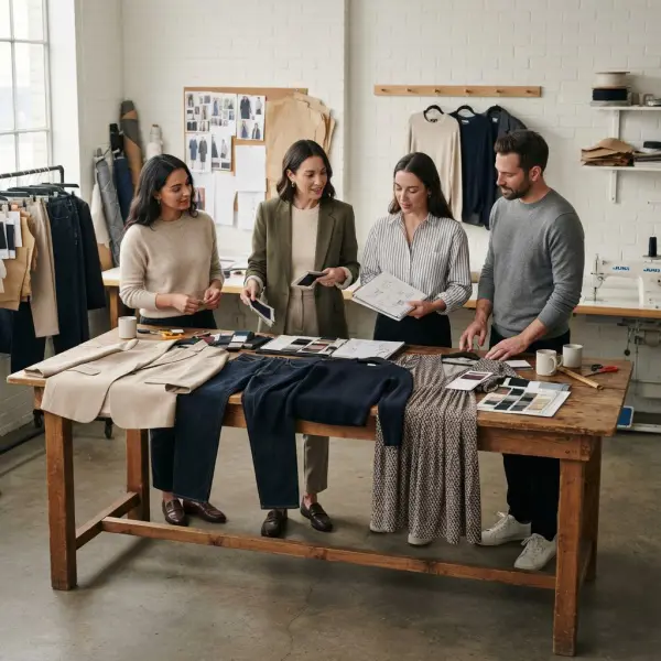 Fashion product development team reviewing smart casual garments and outfit combinations