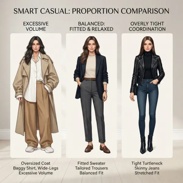 Comparison of balanced and unbalanced proportions in smart casual outfits