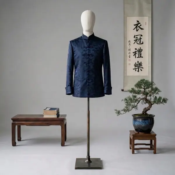 Tang Suit modern dengan kerah Mandarin dan kancing simpul tradisional