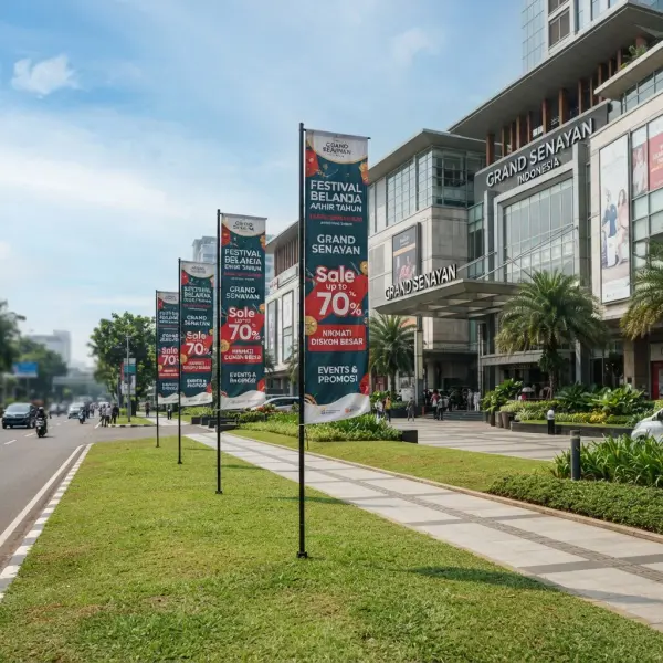 Umbul-umbul promosi dipasang di depan pusat perbelanjaan