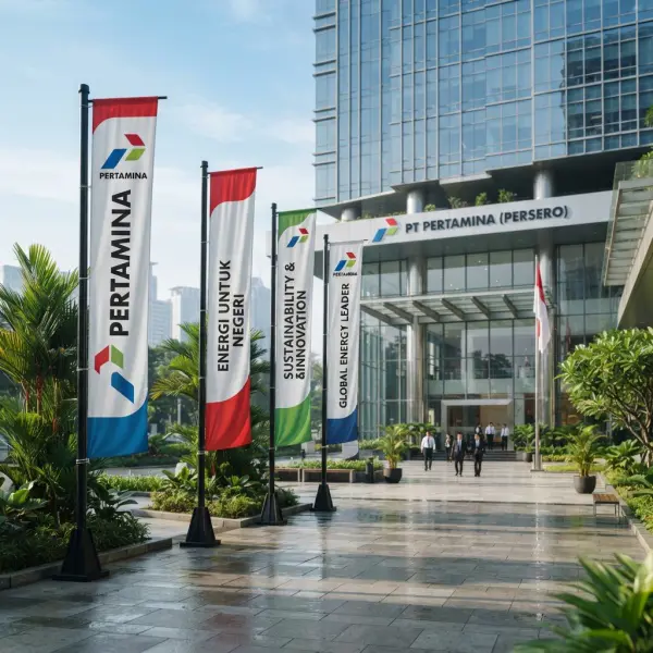 Umbul-umbul perusahaan dipasang di depan area kantor sebagai media branding