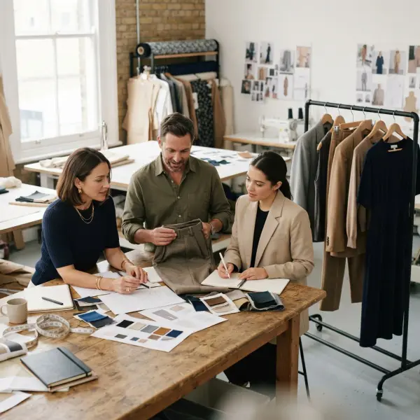 Fashion product development team reviewing a modern professional workwear collection