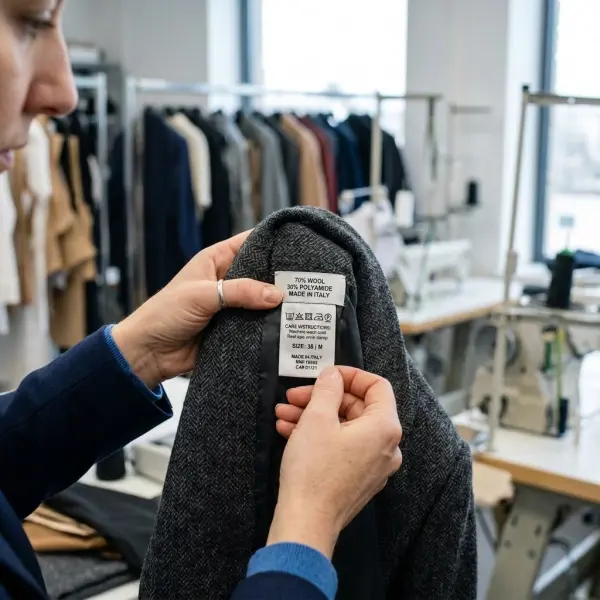 Close-up review of fibre composition care and country-of-origin labels on export garments Close-up review of fibre composition care and country-of-origin labels on export garments