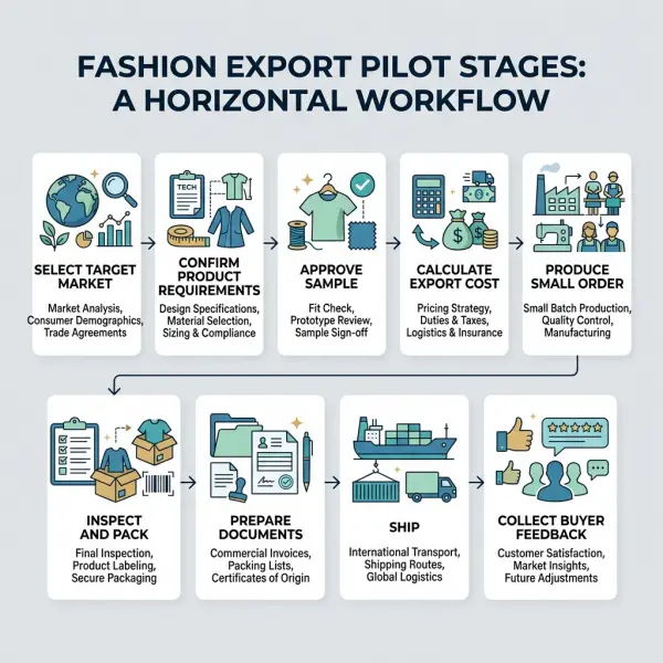 Workflow from export market selection to pilot apparel shipment and review Workflow from export market selection to pilot apparel shipment and review
