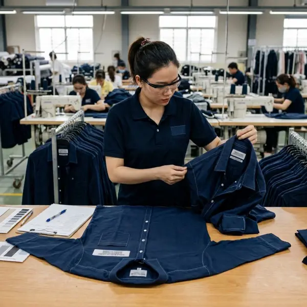 Quality controller comparing bulk garments with an approved apparel sample