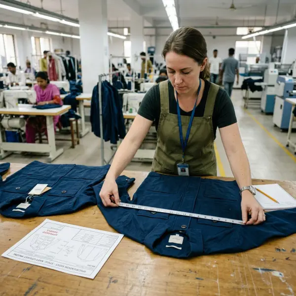 Garment quality controller measuring and inspecting an export apparel order
