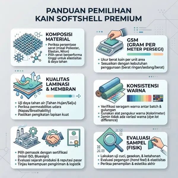 Pemeriksaan kualitas bahan softshell menggunakan daftar evaluasi sebelum pembelian