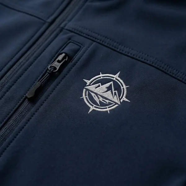 Detail tekstur permukaan bahan softshell dengan hasil bordir yang rapi