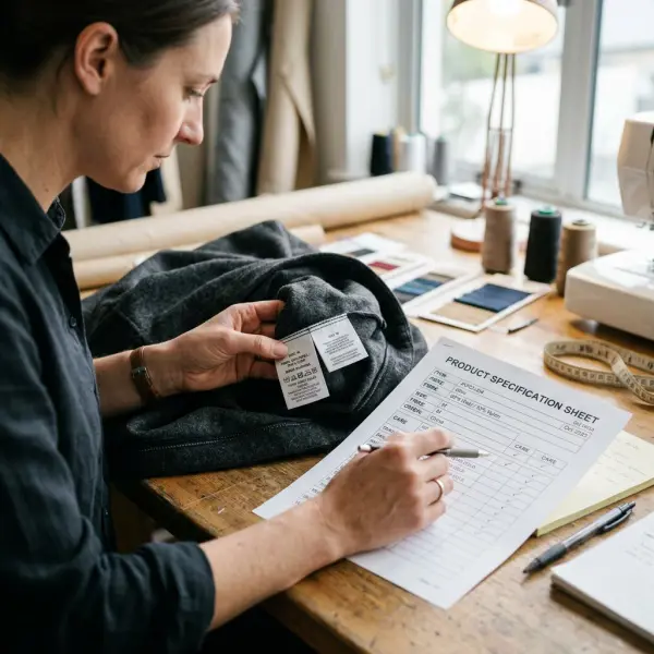 Apparel compliance specialist checking fibre care size and origin labels