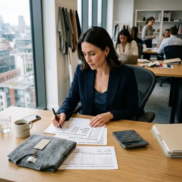 Fashion business team calculating export costs freight and wholesale margin Fashion business team calculating export costs freight and wholesale margin