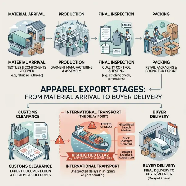 Apparel export timeline showing how production delays affect international delivery
