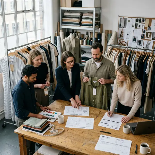 Apparel brand team reviewing garments and export documents before international shipment Apparel brand team reviewing garments and export documents before international shipment