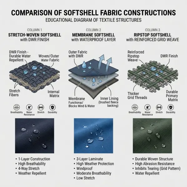 Perbandingan konstruksi stretch-woven, membrane, dan ripstop softshell