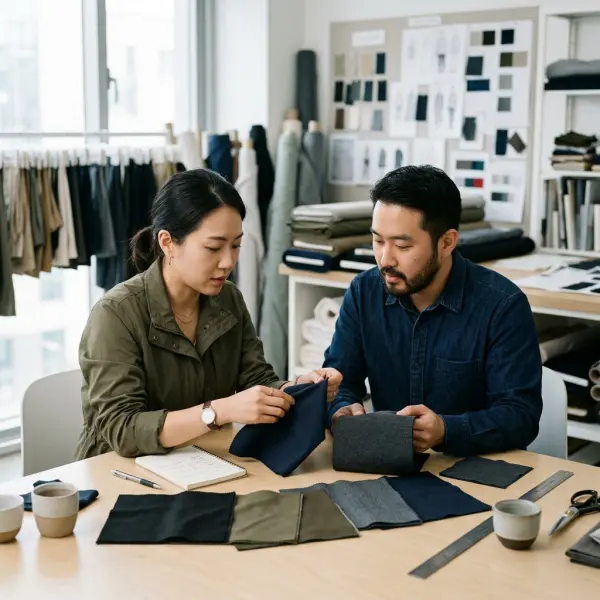 Tim pengembangan produk membandingkan beberapa sampel bahan softshell sebelum produksi