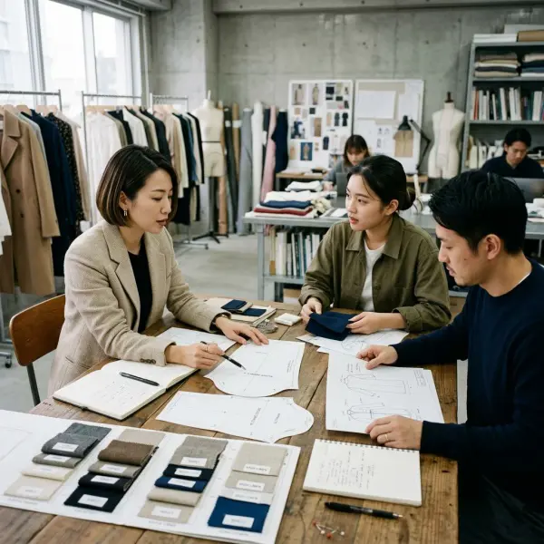 Tim fashion memilih desain lengan untuk koleksi pakaian baru