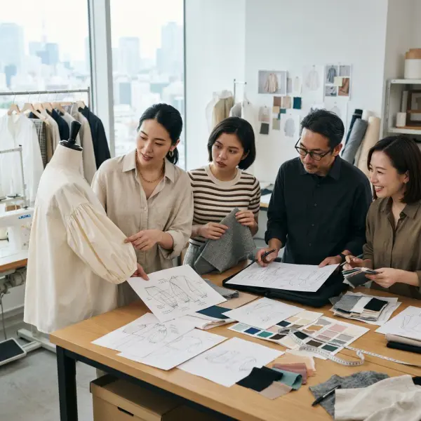 Tim pengembangan produk fashion mendiskusikan desain lengan pakaian wanita Tim pengembangan produk fashion mendiskusikan desain lengan pakaian wanita