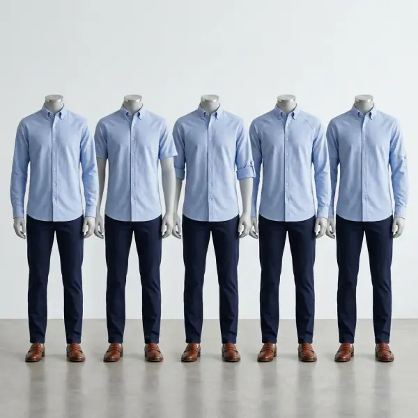Perbandingan lima model lengan kemeja pria yaitu Long Sleeve, Short Sleeve, Roll-Up Sleeve, Raglan Sleeve, dan Convertible Sleeve