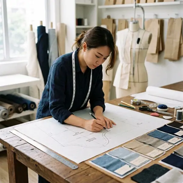 Fashion designer membuat pola lengan baju di atas meja kerja