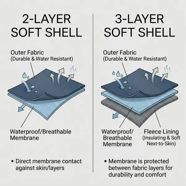 Perbandingan struktur bahan softshell 2 layer dan 3 layer
