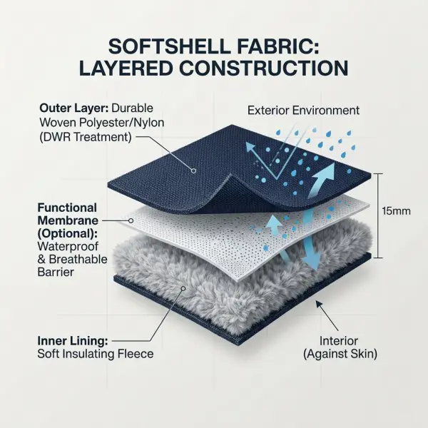 Struktur bahan softshell yang terdiri dari lapisan luar tahan angin dan lapisan dalam berbulu halus Struktur bahan softshell yang terdiri dari lapisan luar tahan angin dan lapisan dalam berbulu halus