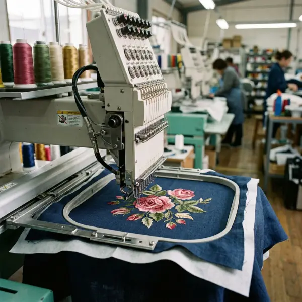 Computerized embroidery machine stitching a decorative motif on garment fabric