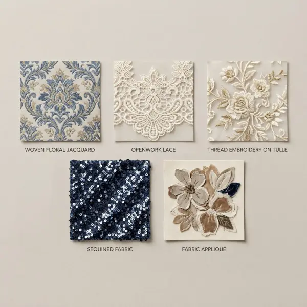 Comparison of woven jacquard, lace, embroidery, sequins, and appliqué production methods Comparison of woven jacquard, lace, embroidery, sequins, and appliqué production methods