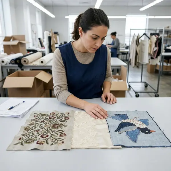 Quality inspector comparing embroidery, lace, and appliqu&eacute; garment samples