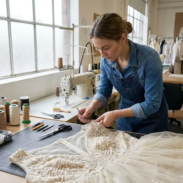 Garment technician preparing embellished occasion wear fabric for sewing Garment technician preparing embellished occasion wear fabric for sewing