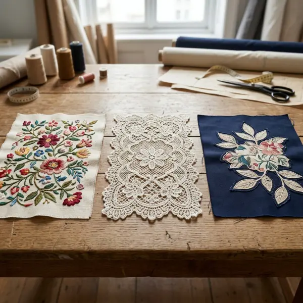 Comparison of embroidery, lace, and appliqu&eacute; decorative textile techniques